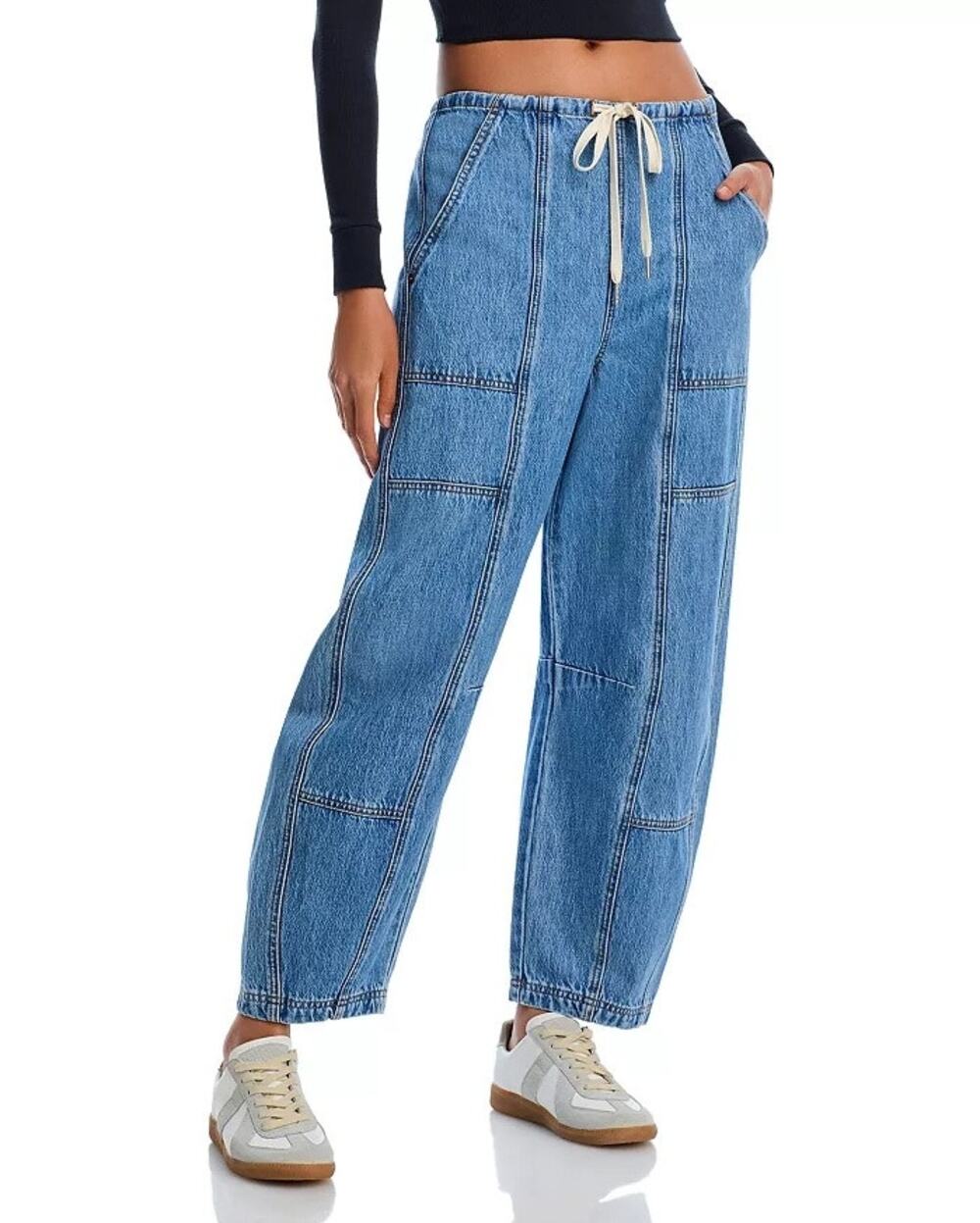 BlankNYC Women Fan Mail Washed Blue Drawcord Low Rise Barrel Leg Jeans Size S